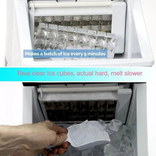 Ice maker with ice cubes and text about ice-making speed and quality
