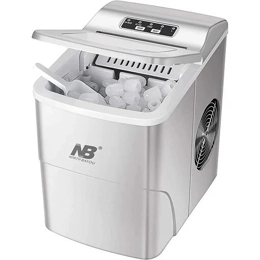 Portable ice maker with ice cubes visible, featuring the North Bayou brand.