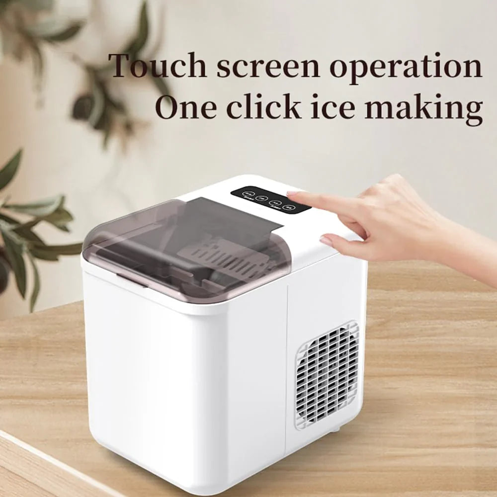 Portable ice maker with touch screen operation on a wooden surface