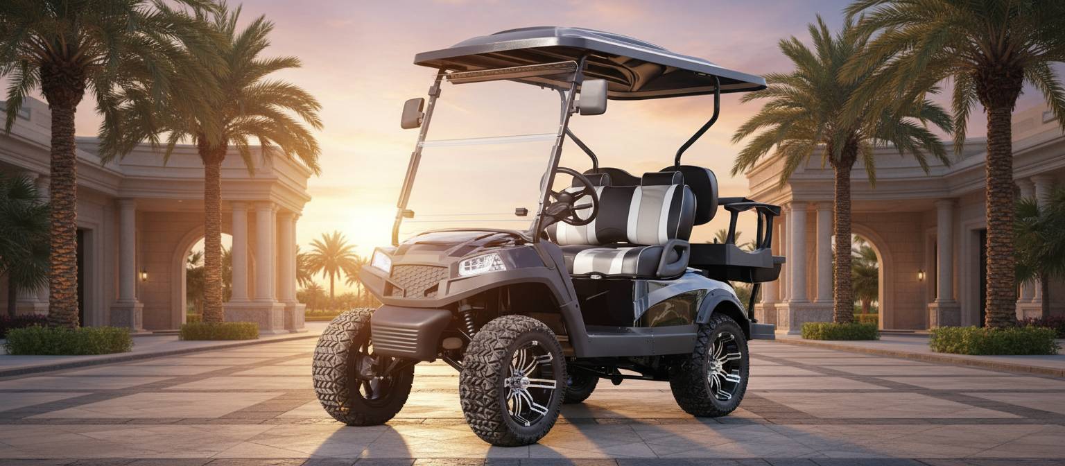 Golf cart on a paved area with palm trees and a building in the background