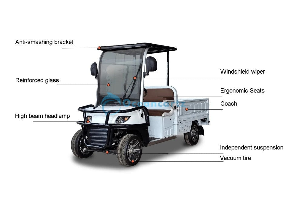 Oceancartz 2-Passenger 60V Electric Utility Golf Cart with 1500W Motor and Long Cargo Box - Utility Golf Carts - 2 Seater - Close Up | Oceancartz