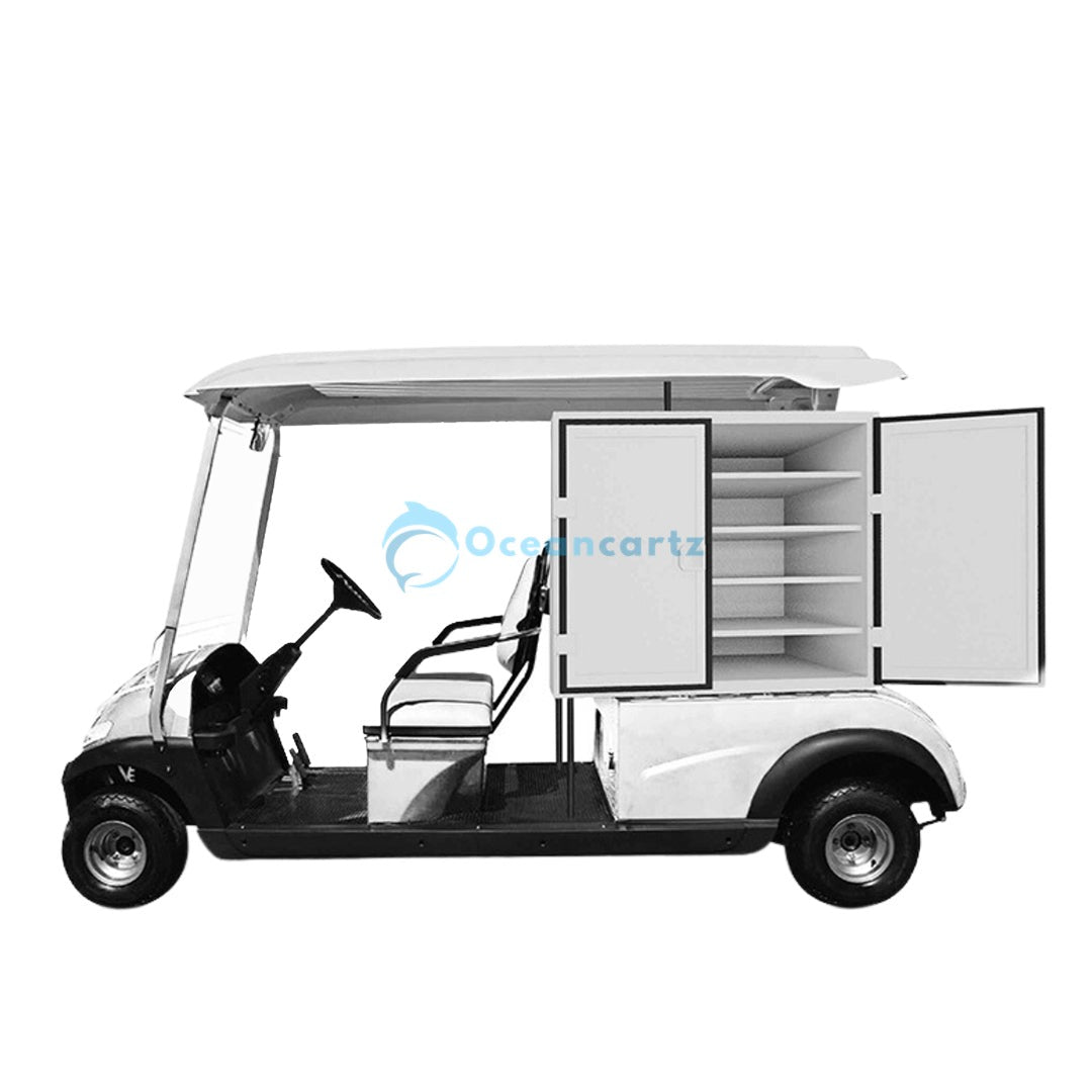 Oceancartz 2-Passenger Electric Food and Beverage Vending Golf Cart with Refrigerated Storage and 3.7 kW DC Motor - Utility Golf Carts - 2 Seater - Close Up | Oceancartz