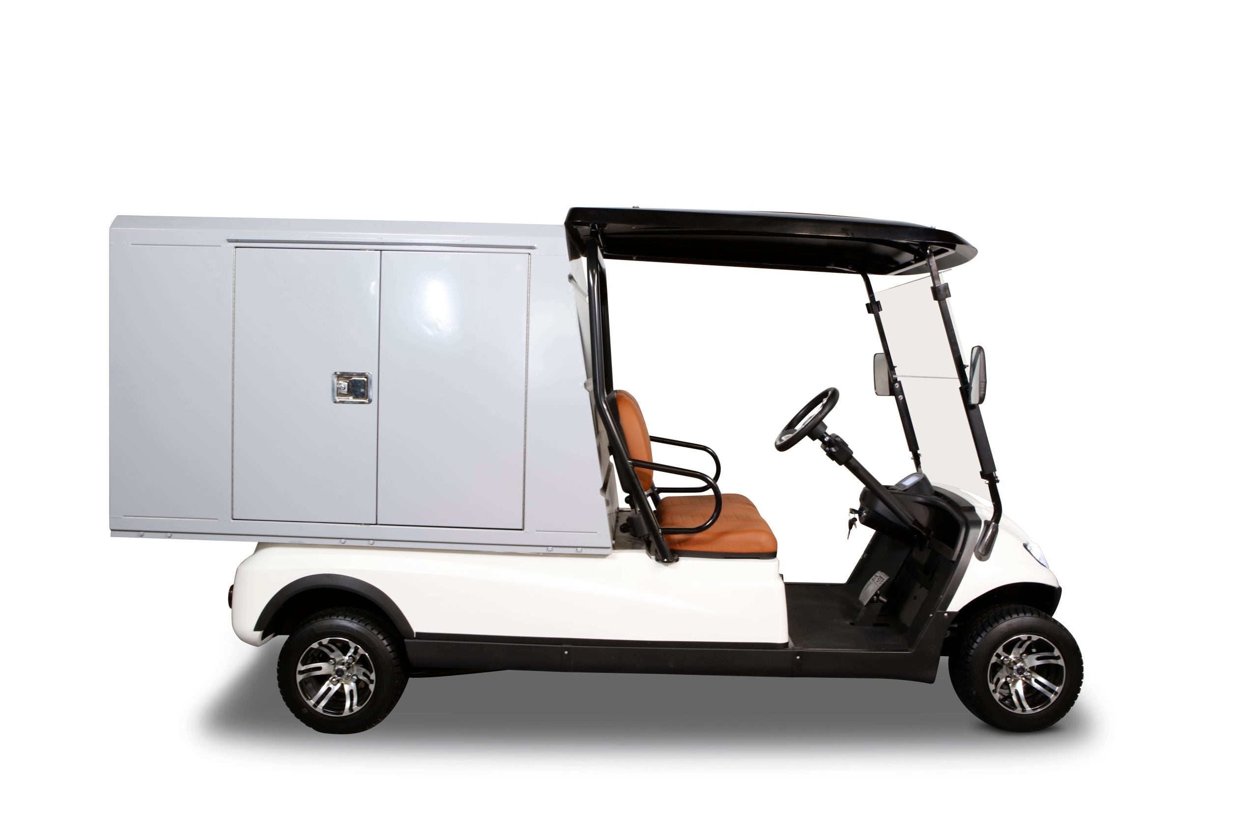 A white 2-passenger electric utility golf cart with a large enclosed lockable aluminum cargo box.