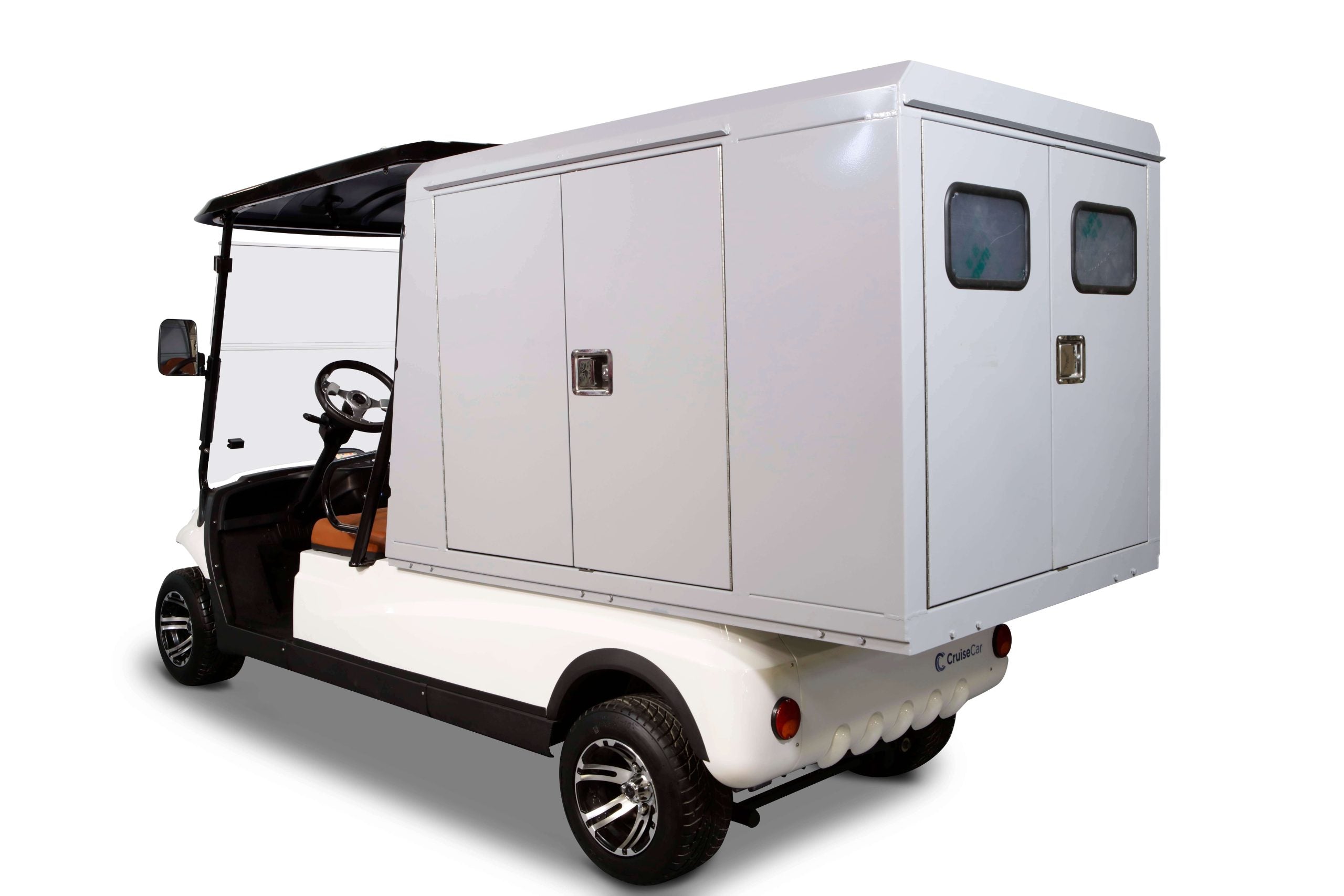 A white 2-passenger electric golf cart with a large enclosed aluminum cargo box attached to the rear.