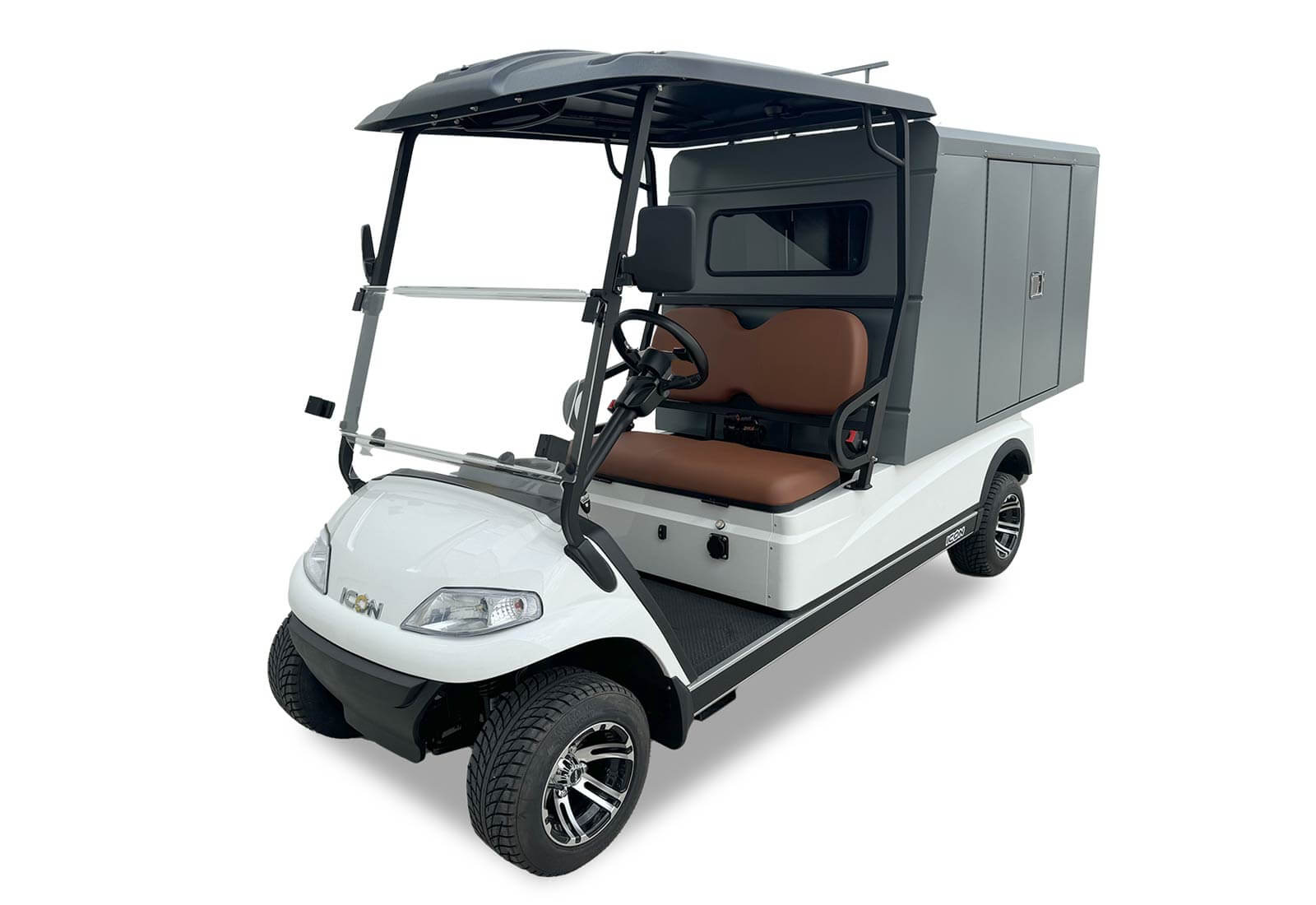 A white 2‑passenger electric utility golf cart with an enclosed lockable aluminum cargo box, black roof, and brown seats.