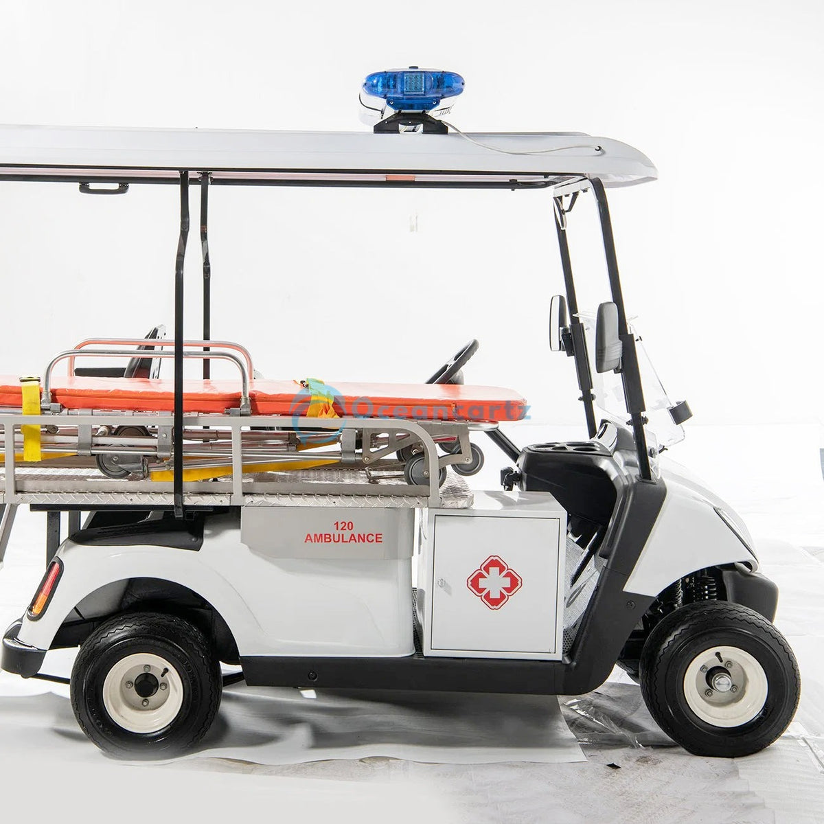 Oceancartz 2-Seater Electric Emergency Response Utility Golf Cart with Integrated Patient Stretcher and 48V 3.7 kW DC Motor - Utility Golf Carts - 2 Seater - Close Up | Oceancartz