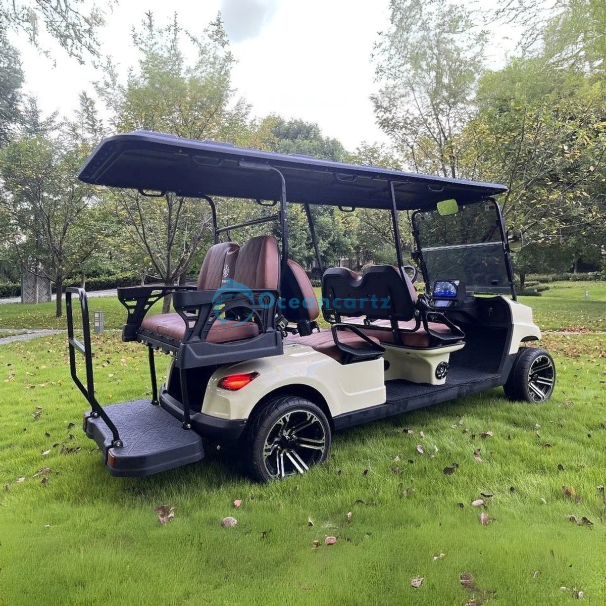 Oceancartz 6-Seater (4+2) On-Road Electric Golf Cart, 48V 5000W Motor, 130Ah Lithium Battery, 100km Driving Range, 12-Inch Alloy Rims, 215/35-12 Street Tires, Integrated Camera System - Normal Golf Carts - 4+2 Seater - Close Up | Oceancartz