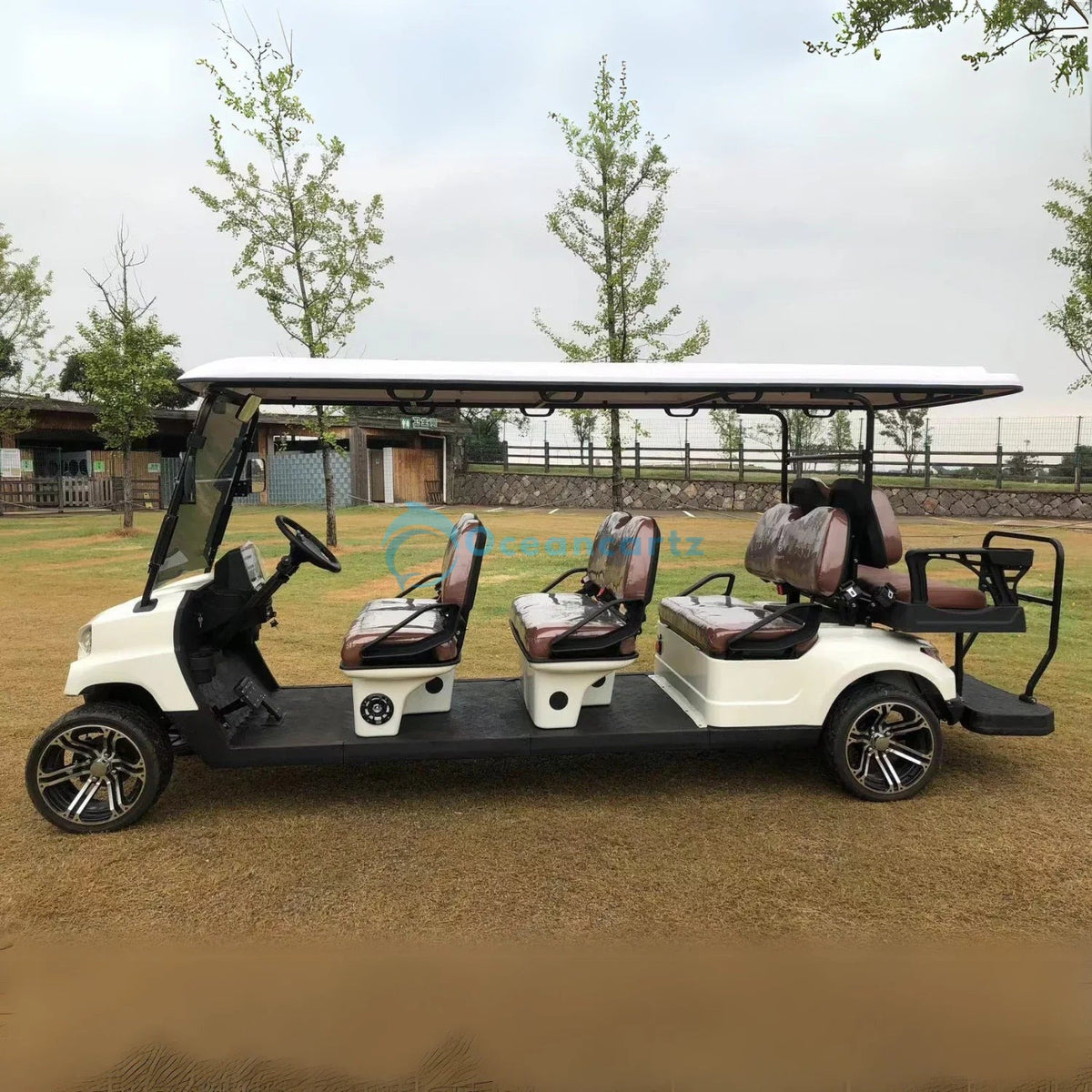 Oceancartz 8-Seater (6+2) On-Road Electric Golf Cart, 48V 5000W Motor, 130Ah Lithium Battery, 12-Inch Alloy Wheels, 215/35-12 Street Tires - Normal Golf Carts - 6+2 Seater - Close Up | Oceancartz