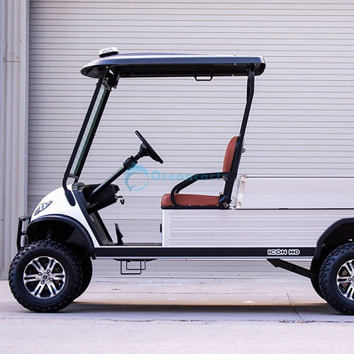 Oceancartz Lifted 2-Passenger Off-Road Electric Utility Golf Cart with Hydraulic Cargo Bed, 48V 5kW AC Motor, and 12-Inch Wheels - Utility Golf Carts - 2 Seater - Close Up | Oceancartz