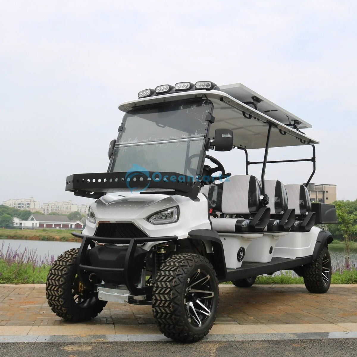 Oceancartz Lifted 6-Seater (4+2) Electric Golf Cart, 48V 5000W Motor, 130Ah Lithium Battery with Solar Panel, 14-Inch Alloy Rims, 23x10-14 Off-Road Tires - Utility Golf Carts - 6 Seater | Oceancartz