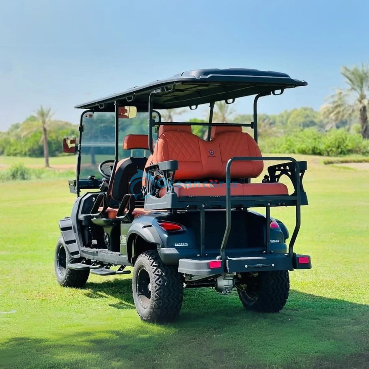 Oceancartz Lifted 6-Seater (4+2) Off-Road Electric Golf Cart, 48V 5000W Motor, 130Ah Lithium Battery, 14-Inch Alloy Rims, 23x10-14 All-Terrain Tires, 100km Range - Normal Golf Carts - 4+2 Seater - Close Up | Oceancartz