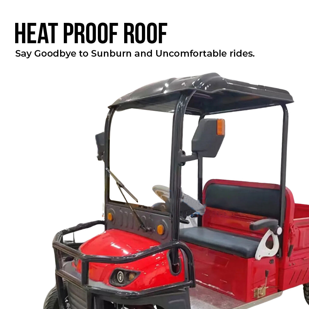 ocean cartz close-up promotional image highlighting the heat proof roof on a red utility electric vehicle. The image shows the driver's cabin and the black roof structure, with text emphasizing sun protection and comfortable rides. This shot details the two-seater work cart's black canopy and black brush guard, focusing on a key electric vehicle feature.