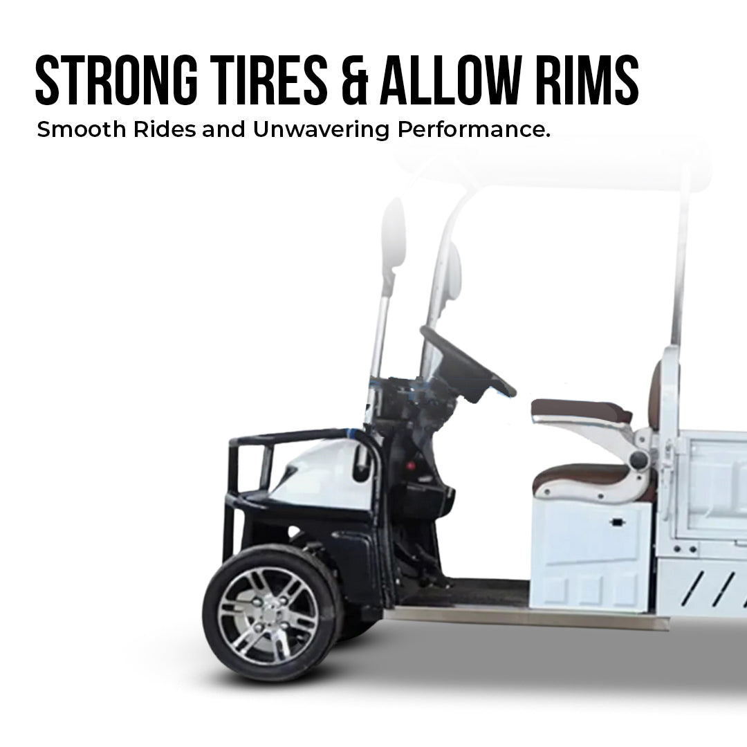ocean cartz promotional image of the front driver's side of a white utility electric vehicle, showcasing the wheels and cabin area. The image highlights the strong tires and allow rims with the text headline "STRONG TIRES & ALLOW RIMS" and a subtitle "Smooth Rides and Unwavering Performance," emphasizing the quality wheels and tires of the work cart.