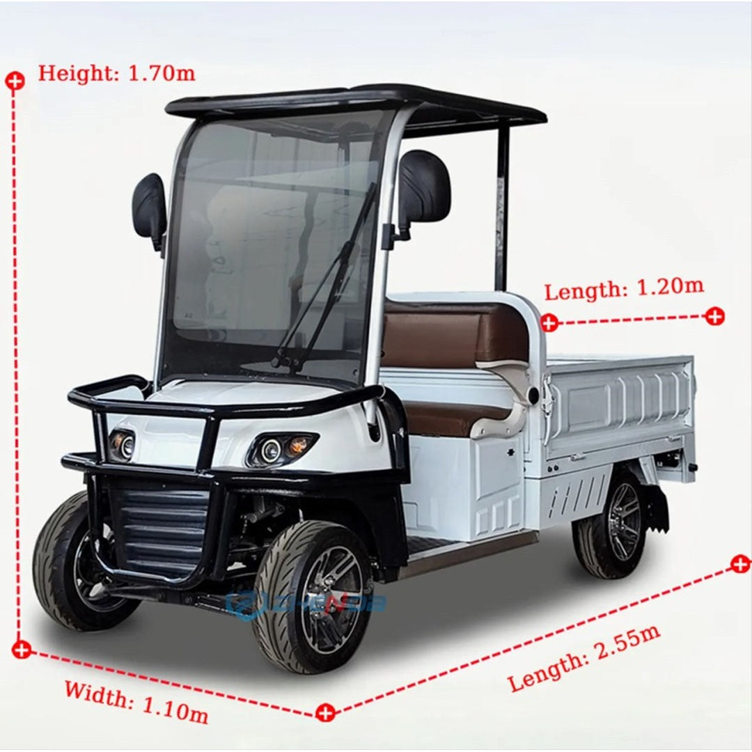 ocean cartz product diagram of a white utility electric vehicle with a flatbed, showing its dimensions with red measurement lines against a white background. The image specifies the work cart's key sizes: Height is 1.70m, Width is 1.10m, overall Length is 2.55m, and the rear cargo bed Length is 1.20m, detailing the compact size of the two-seater utility vehicle.