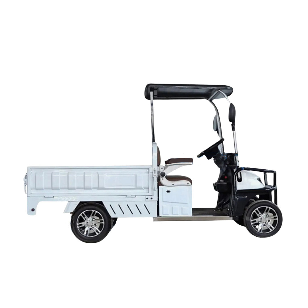 ocean cartz full side profile studio shot of a white utility electric vehicle with a long flatbed and drop-down sides, set against a pure white background. This two-seater work cart features a black roof, driver's cabin, and a long cargo bed. The electric vehicle has small, custom silver alloy wheels and is designed for commercial hauling and utility tasks.