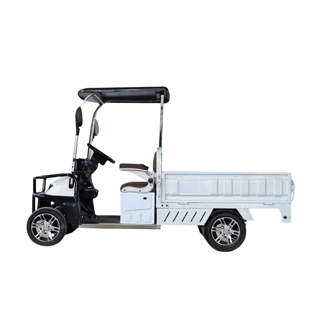 ocean cartz full side profile studio shot of a white utility electric vehicle with a long, flat rear cargo bed, set against a pure white background. This two-seater work cart features a black roof, a protective front guard, and brown and white seats. The electric vehicle is designed for commercial use, showcasing its compact size and practical hauling capacity.