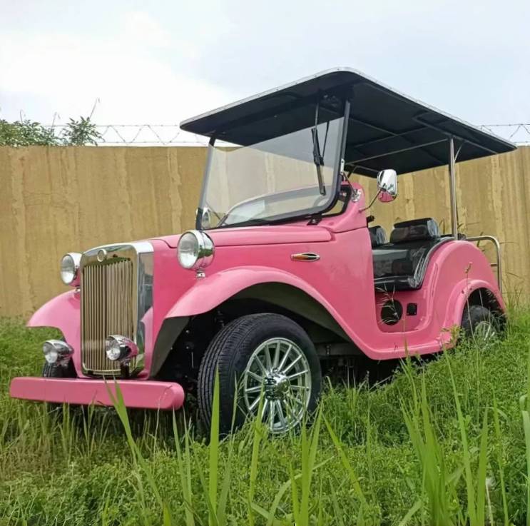 oceancartz three-quarter front view of a bright pink classic antique-style golf cart with a black roof, parked in tall green grass. This four-passenger vintage electric vehicle features a large chrome grille, round headlights, a wide windshield, and black seats. The classic golf cart is equipped with multi-spoke silver wheels, set against a tan wall and chain-link fence in the background.