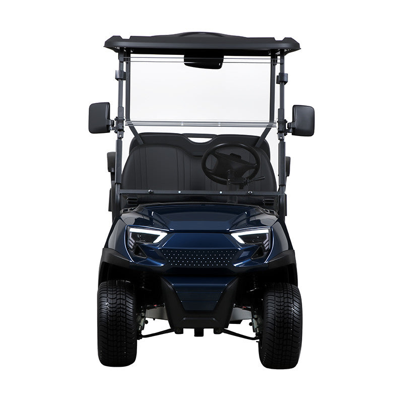 oceancartz head-on studio shot of a deep blue four-seater golf cart with a black roof and a modern front design, set against a pure white background. This electric vehicle features black seats, a folding windshield, side mirrors, and distinctive white LED headlights. The image highlights the aggressive, automotive styling of the luxury golf cart or NEV.