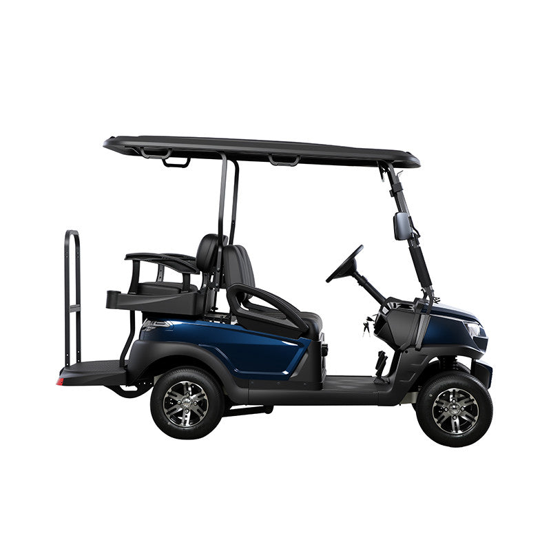oceancartz side profile studio shot of a deep blue four-seater golf cart with a black roof, set against a pure white background. This electric vehicle features black seats, a foldable rear seat that converts to a cargo platform, and a modern front design. The luxury golf cart is equipped with all-terrain tires and custom black and silver wheels, highlighting its stylish and functional design.