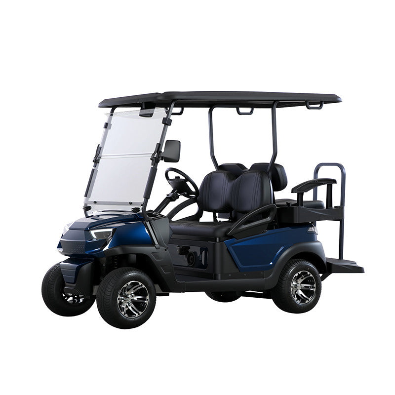 oceancartz three-quarter front studio shot of a deep blue four-seater golf cart with a black roof, set against a pure white background. This electric vehicle features black seats, a full windshield, and a rear flip seat that converts to a cargo platform. The lifted golf cart is equipped with all-terrain tires and custom chrome alloy wheels, highlighting its stylish and functional design.