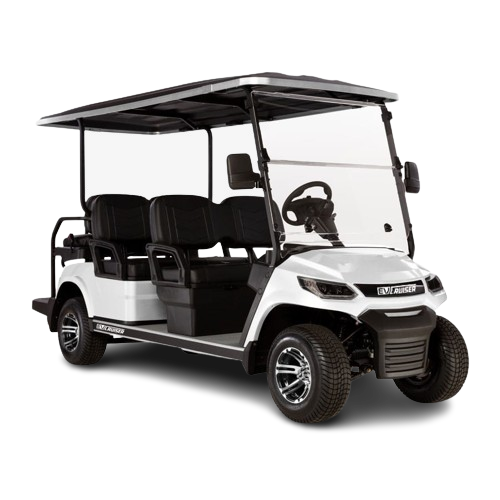 White golf cart with black accents on a white background