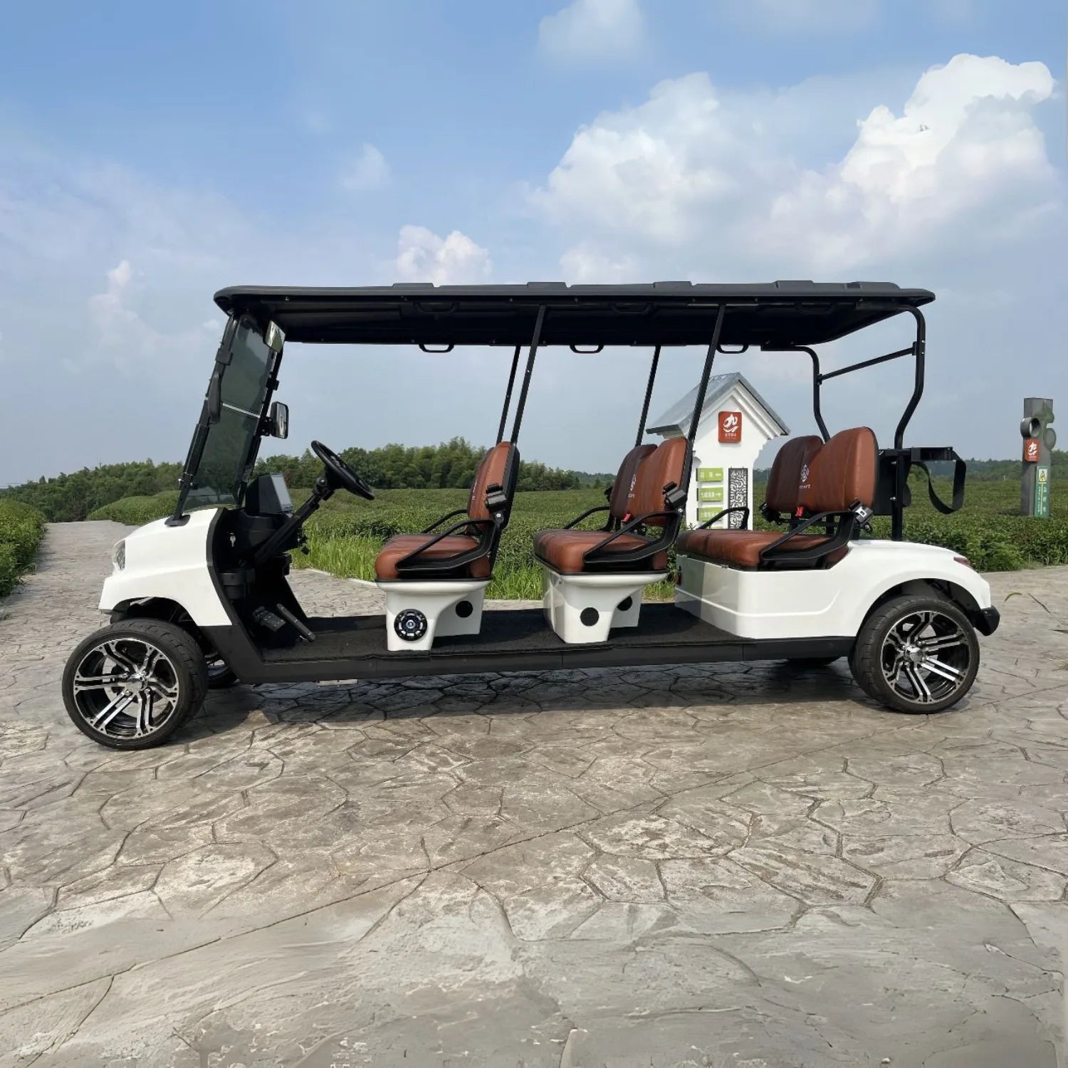 Electric golf cart with four seats on a paved path with a scenic background