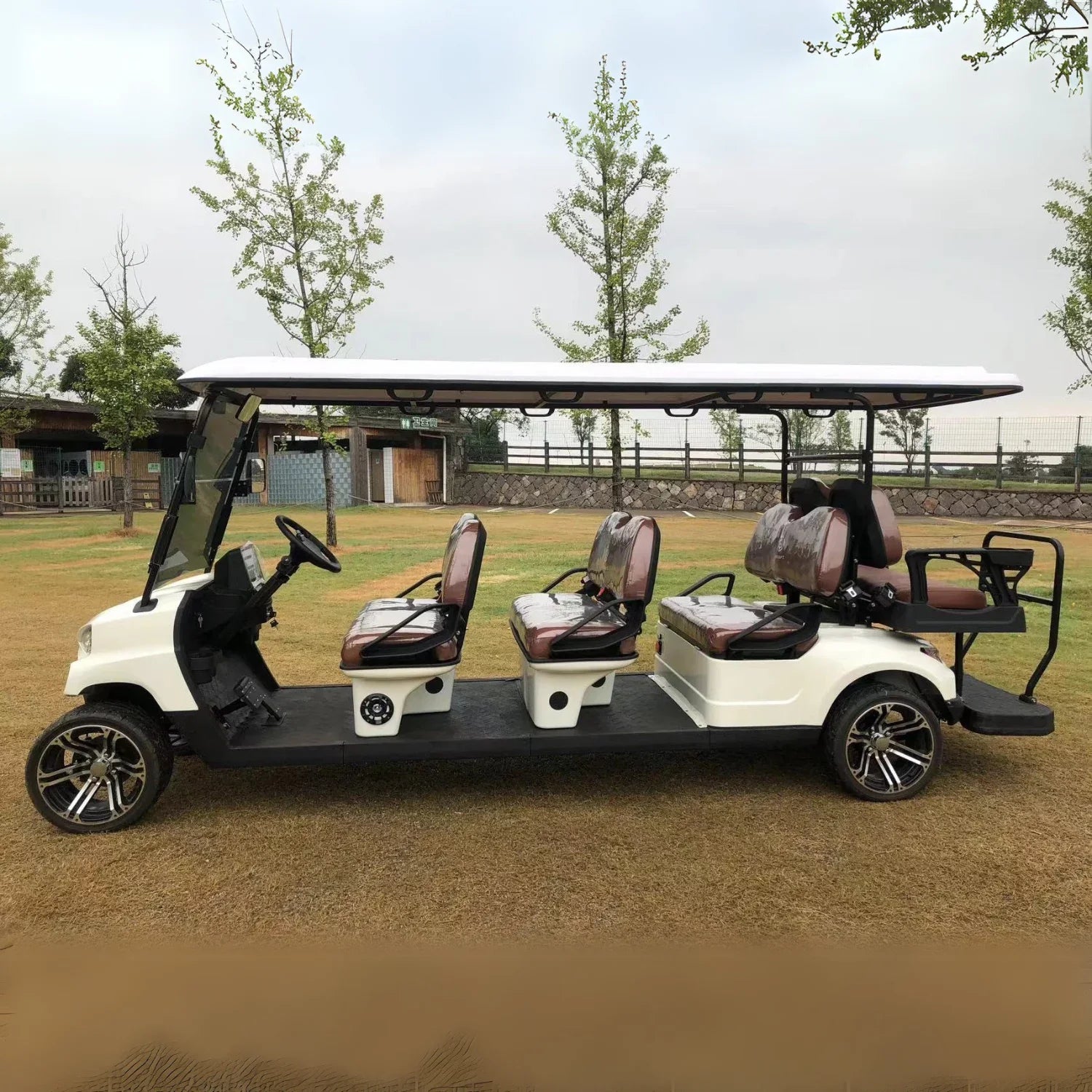 White golf cart with brown seats on a grassy field