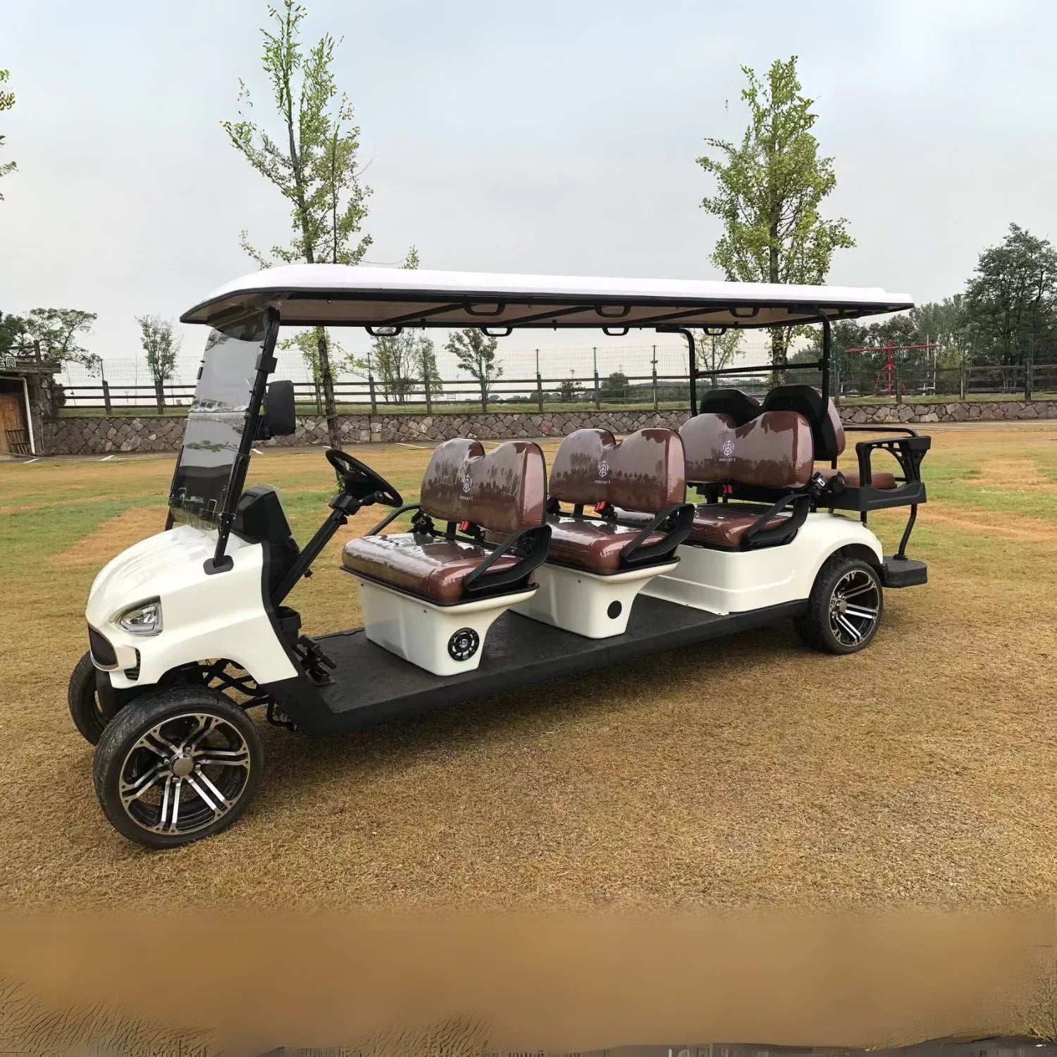 White golf cart with brown seats on a grassy area