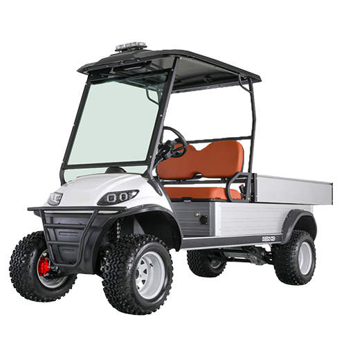 oceancartz three-quarter front studio shot of a white utility electric vehicle with a black roof and a silver aluminum rear cargo bed, set against a transparent background. This specialized two-seater work cart features brown seats, a black brush guard, a large windshield, and a light bar on the roof. The lifted utility golf cart is equipped with knobby all-terrain tires on silver utility wheels, highlighting its heavy-duty property maintenance function.