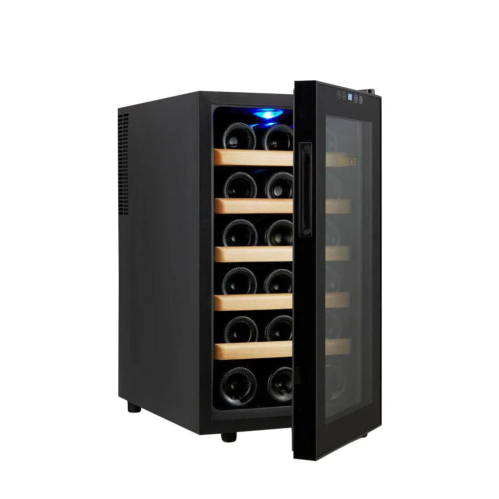 Black wine cooler with open door displaying wine bottles on a white background