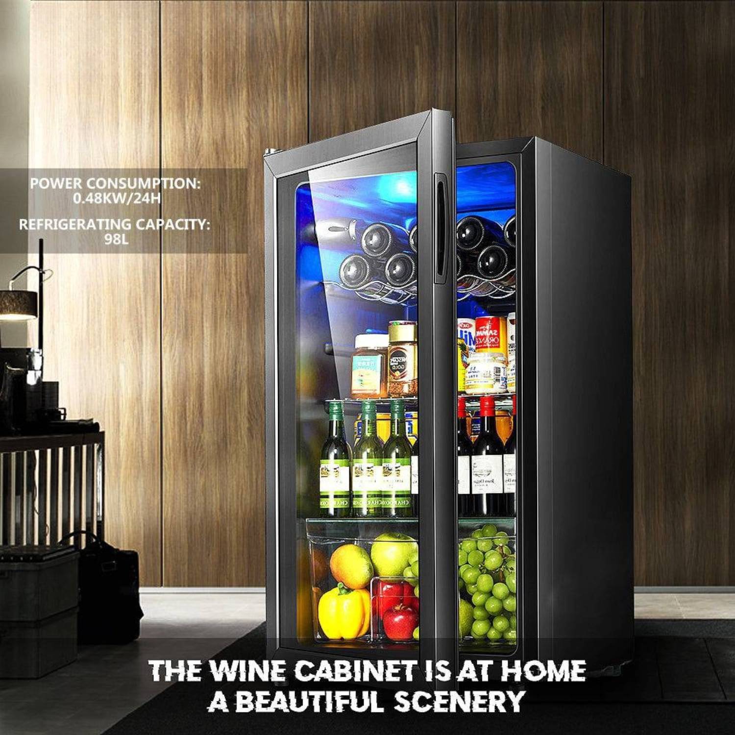 Wine cabinet with drinks and fruits inside, wooden wall background