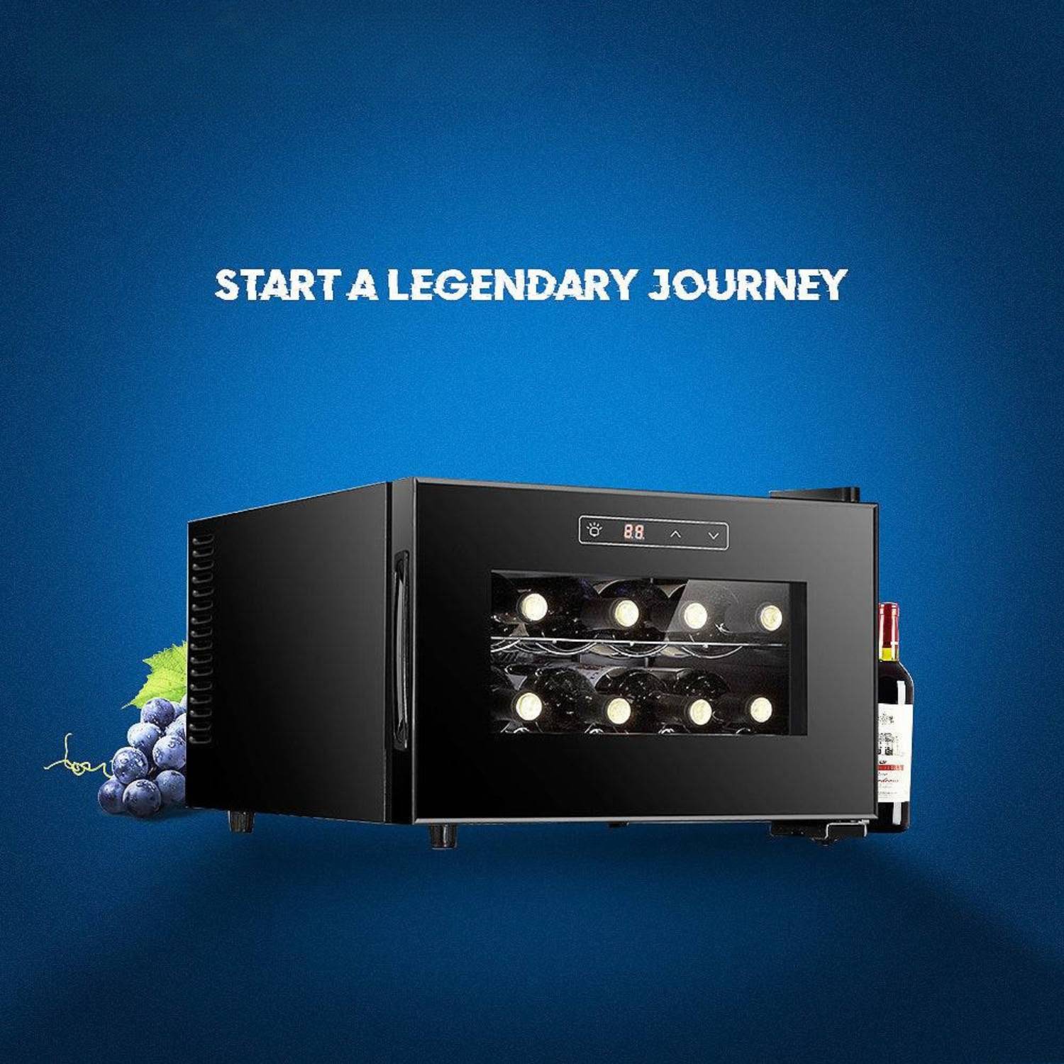 Wine cooler with grapes and a bottle on a blue background with text 'Start a Legendary Journey'.