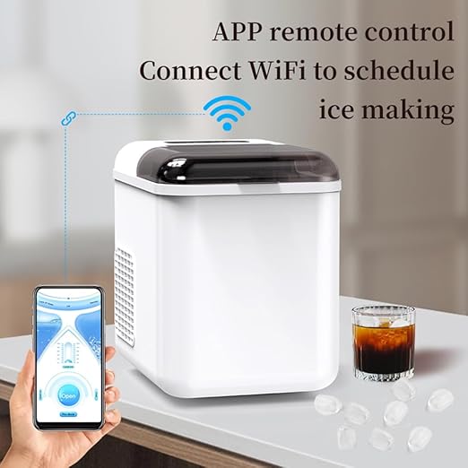 Smart ice maker with app remote control and WiFi connectivity on a kitchen counter.