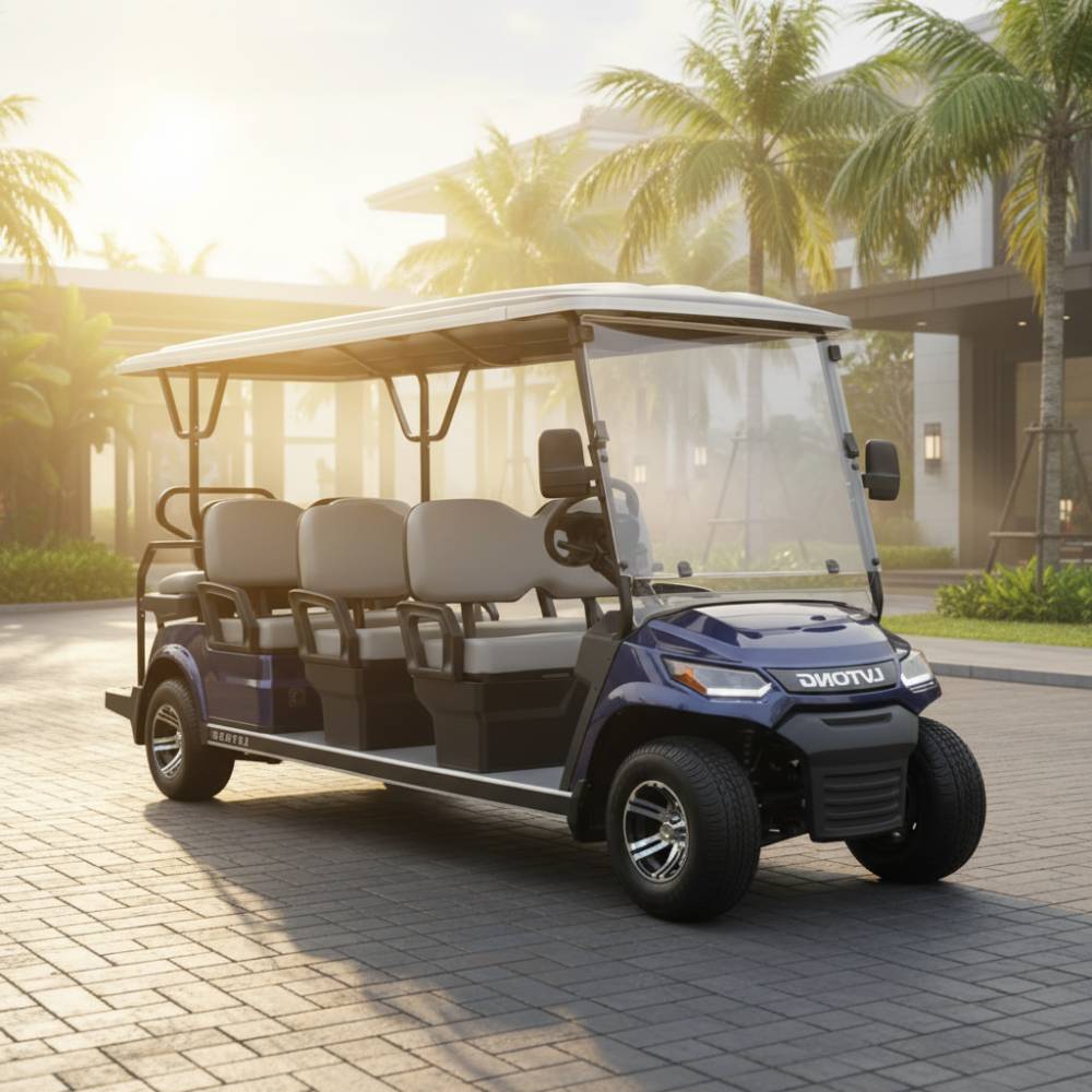 Blue golf cart with six seats on a paved path with palm trees in the background